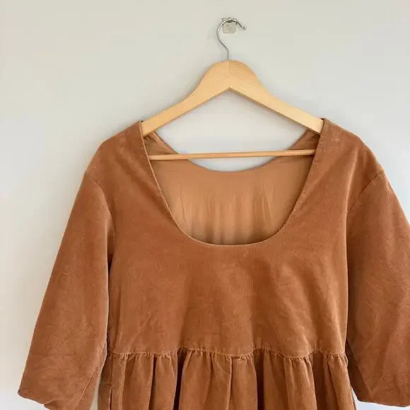 Everlane The Corduroy 3/4 Sleeve Mini Dress Camel Tan XS - Picture 6 of 10